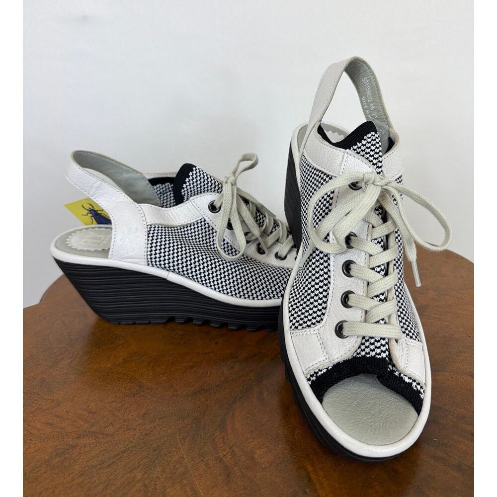 NWT Fly London White Leather Checkered Mesh Lace Up Peep Toe Wedge Sandals 8.5